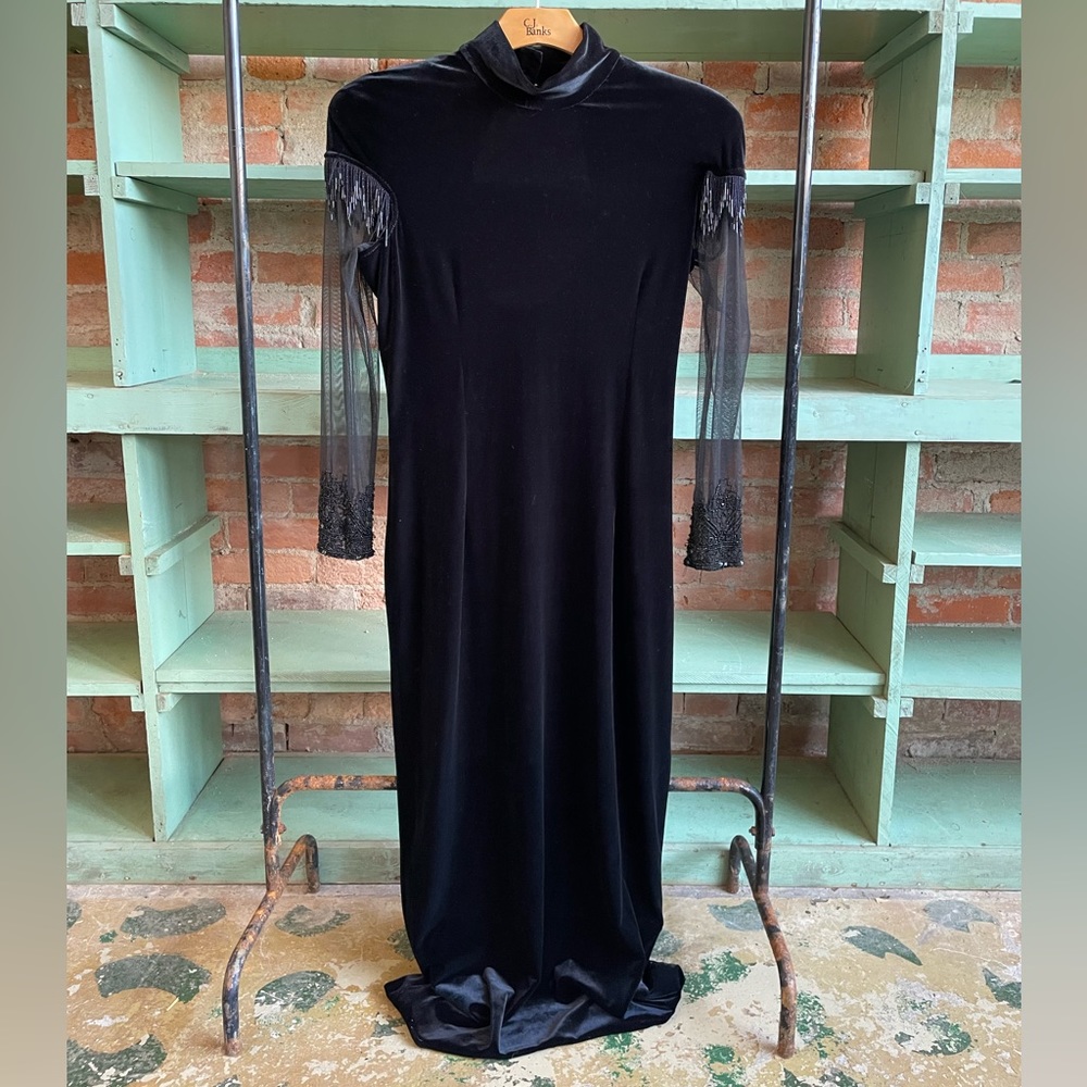 Vintage velvet dress with beading and sheer sleeves